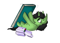 Size: 3118x2267 | Tagged: safe, alternate version, artist:scoundrel scaramouche, derpibooru import, oc, oc:green, pony, unicorn, fanfic:trust once lost, book, book bag, female, filly, foal, giant book