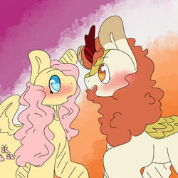 Size: 400x400 | Tagged: safe, artist:peachepastels, derpibooru import, autumn blaze, fluttershy, kirin, pegasus, pony, autumnshy, blushing, female, lesbian, mare, shipping