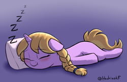 Size: 2922x1890 | Tagged: safe, artist:heretichesh, derpibooru import, oc, pony, unicorn, blushing, braid, colored, cute, ears, eyes closed, female, filly, floppy ears, lying down, ocbetes, onomatopoeia, pillow, prone, simple background, sleeping, sound effects, unnamed character, unnamed pony, zzz