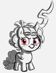 Size: 974x1262 | Tagged: safe, artist:heretichesh, derpibooru import, cozy glow, alicorn, changeling, alicornified, changeling horn, cozycorn, evil eyes, female, filly, freckles, fusion, horn, monochrome, neo noir, partial color, race swap, red eyes, simple background, sketch, white background