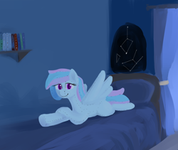 Size: 2560x2165 | Tagged: safe, artist:barhandar, oc, oc only, oc:starburn, pegasus, pony, bed, book, constellation, female, lineless, looking at you, mare, missing cutie mark, night, plush pony, plushie, smiling, solo, spread wings