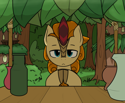 Size: 2256x1857 | Tagged: safe, artist:alexi148, autumn afternoon, kirin, bush, cloven hooves, kirin village, leaves, looking at you, male, solo, store, tree, vase