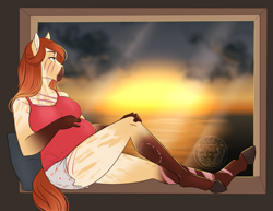 Size: 3288x2543 | Tagged: safe, artist:askbubblelee, oc, oc only, oc:sunstone smile, anthro, crystal pony, unguligrade anthro, anthro oc, clothes, commission, crystal pony oc, digital art, female, mare, pillow, pregnant, scar, shorts, solo, sunset, window