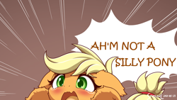 Size: 3200x1800 | Tagged: safe, artist:symbianl, derpibooru import, edit, part of a set, applejack, earth pony, pony, adorable distress, blatant lies, cheek fluff, crying, cute, dialogue, ear fluff, ears, female, floppy ears, fluffy, hatless, jackabetes, leg fluff, mare, missing accessory, open mouth, silly, silly pony, solo, speech bubble, teary eyes, who's a silly pony