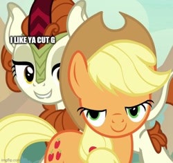 Size: 530x500 | Tagged: safe, derpibooru import, edit, edited screencap, screencap, applejack, autumn blaze, earth pony, kirin, pony, sounds of silence, autumnjack, cropped, female, i like ya cut g, lesbian, mare, out of context, shipping