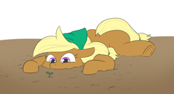 Size: 894x482 | Tagged: safe, artist:jargon scott, derpibooru import, oc, oc only, oc:tater trot, earth pony, pony, female, lying down, mare, on stomach, prone, solo, sprout, underhoof