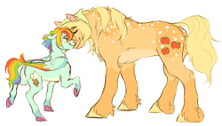 Size: 1160x658 | Tagged: safe, artist:halfcrazydaisy, derpibooru import, edit, applejack, rainbow dash, earth pony, pegasus, pony, alternate design, appledash, body freckles, coat markings, colored hooves, colored wings, cropped, ears, eyes closed, female, floppy ears, freckles, kerchief, lesbian, mare, nuzzling, profile, raised hoof, raised leg, shipping, short hair, side view, simple background, size difference, smiling, smoldash, spots, standing, unshorn fetlocks, white background, wings