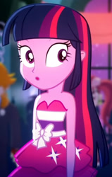 Size: 1920x3013 | Tagged: safe, derpibooru import, screencap, twilight sparkle, eqg summertime shorts, equestria girls, raise this roof, :o, background human, bare shoulders, clothes, cropped, cute, fall formal outfits, female, hairpin, high res, open mouth, sleeveless, solo, strapless, twiabetes, twilight ball dress, watching