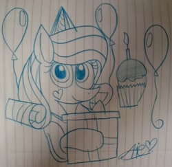 Size: 3020x2936 | Tagged: safe, artist:guruyunus17, derpibooru import, oc, oc only, oc:annisa trihapsari, earth pony, pony, balloon, birthday, box, cupcake, earth pony oc, female, food, hat, heart, high res, indonesia, mare, party balloon, party hat, photo, solo, traditional art