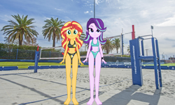 Size: 3060x1850 | Tagged: safe, anonymous artist, derpibooru import, starlight glimmer, sunset shimmer, equestria girls, barefoot, beach volleyball, belly button, bikini, breasts, clothes, cutie mark on clothes, cutie mark swimsuit, feet, female, sports, swimsuit, volleyball, volleyball net
