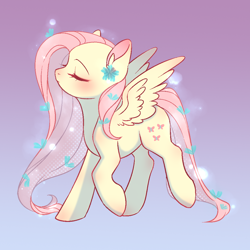 Size: 1024x1024 | Tagged: safe, artist:夏米, derpibooru import, fluttershy, pegasus, pony, blushing, cute, daaaaaaaaaaaw, eyes closed, female, gradient background, mare, shyabetes, solo