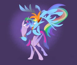 Size: 2048x1740 | Tagged: safe, artist:ebonol1, derpibooru import, rainbow dash, twilight sparkle, twilight sparkle (alicorn), alicorn, pegasus, pony, big tail, cartoony, female, flying, folded wings, gesture, hoof around neck, impossibly long neck, leaning forward, looking at each other, mare, open mouth, smiling, spread wings, standing, stylized, wings