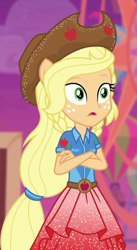 Size: 379x694 | Tagged: safe, derpibooru import, screencap, applejack, better together, equestria girls, rollercoaster of friendship, cropped, ponied up, solo, super ponied up