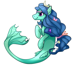 Size: 2179x2100 | Tagged: safe, artist:twighat, derpibooru import, oc, oc only, merpony, seapony (g4), blue mane, dorsal fin, female, fins, fish tail, flowing mane, jewelry, necklace, pearl necklace, purple eyes, simple background, smiling, solo, tail, transparent background