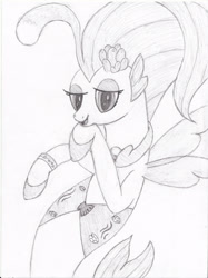 Size: 2117x2834 | Tagged: safe, artist:fizzban08, derpibooru import, princess skystar, seapony (g4), my little pony: the movie, clothes, colored pupils, female, fin wings, fish tail, flower, flower in hair, jewelry, lidded eyes, necklace, open mouth, pearl necklace, see-through, simple background, solo, tail, traditional art, white background, wings