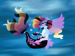 Size: 2000x1500 | Tagged: safe, artist:elena-naqua, derpibooru import, oc, oc only, seapony (g4), auction, bubble, clothes, colored pupils, dorsal fin, female, fin wings, fins, fish tail, flowing mane, flowing tail, jewelry, necklace, ocean, pearl necklace, see-through, smiling, solo, spread wings, tail, underwater, water, wings