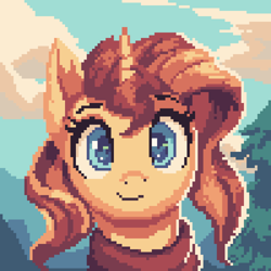 Size: 2000x2000 | Tagged: safe, artist:vanillaghosties, derpibooru import, sunset shimmer, pony, unicorn, bust, clothes, colored pupils, cute, female, looking at you, mare, pixel art, portrait, scarf, shimmerbetes, smiling, smiling at you, solo, tree