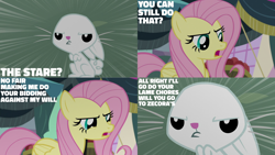 Size: 1280x720 | Tagged: safe, derpibooru import, edit, edited screencap, editor:quoterific, screencap, angel bunny, fluttershy, pegasus, pony, rabbit, season 9, she talks to angel, animal, body swap, duo, ears, female, floppy ears, male, mare, open mouth, stallion