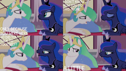 Size: 1280x720 | Tagged: safe, derpibooru import, edit, edited screencap, editor:quoterific, screencap, princess celestia, princess luna, alicorn, pony, a royal problem, season 7, crown, duo, duo female, eyes closed, female, jewelry, mare, open mouth, regalia, siblings, sisters, smiling