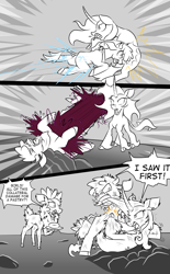 Size: 1800x2900 | Tagged: safe, artist:redahfuhrerking, derpibooru import, arizona cow, oleander, velvet reindeer, classical unicorn, cow, deer, reindeer, unicorn, them's fightin' herds, biting, cloven hooves, comic, donut, eyes closed, female, fight, food, gritted teeth, headbutt, high res, leonine tail, mare, monochrome, one eye closed, open mouth, plate, raised hoof, raised leg, trio, unamused, unshorn fetlocks