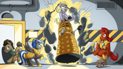 Size: 2560x1440 | Tagged: safe, artist:mysticalpha, derpibooru import, derpy hooves, doctor whooves, oc, oc:captain sunride, oc:cloud zapper, alien, cyborg, earth pony, pegasus, pony, armor, dalek, doctor who, doctorderpy, female, male, mare, mark 8 dalek, mutant, pegasus oc, royal guard, royal guard armor, royal guard oc, shipping, stallion, straight, the doctor