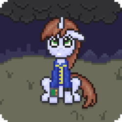 Size: 384x384 | Tagged: safe, artist:nitobit, derpibooru import, oc, oc:littlepip, pony, unicorn, fallout equestria, clothes, cloud, dark clouds, pipbuck, pixel art, vault suit, wasteland