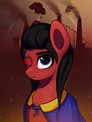 Size: 2400x3200 | Tagged: safe, artist:stravyvox, derpibooru import, oc, oc:red eye, cyborg, earth pony, pony, fallout equestria, cybernetic eyes, factory, pinkie pie balloons, prosthetic limb, prosthetics, smoke