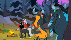 Size: 1417x797 | Tagged: safe, derpibooru import, screencap, cozy glow, lord tirek, queen chrysalis, changeling, changeling queen, ophiotaurus, frenemies (episode), campfire, chair, disguise, disguised changeling, female, filly, heart eyes, male, wingding eyes