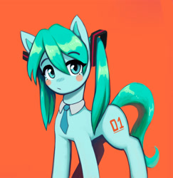 Size: 1500x1543 | Tagged: safe, artist:mrscroup, derpibooru import, earth pony, pony, anime, blush sticker, blushing, featured image, female, hatsune miku, kotobukiya, kotobukiya hatsune miku pony, looking at you, mare, necktie, orange background, pigtails, ponified, simple background, solo, vocaloid