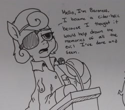 Size: 2048x1791 | Tagged: safe, artist:pony quarantine, derpibooru import, oc, oc:baroness, earth pony, pony, beret, eyepatch, female, grayscale, hat, lectern, mare, monochrome, podium, solo, traditional art