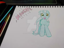 Size: 400x300 | Tagged: safe, artist:dougtheloremaster, derpibooru import, lyra heartstrings, pony, unicorn, cheirophilia, deviantart watermark, obtrusive watermark, pencil, pencil drawing, photo, sketchpad, traditional art, watermark