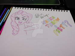 Size: 400x300 | Tagged: safe, artist:dougtheloremaster, derpibooru import, pinkie pie, earth pony, pony, breaking the fourth wall, deviantart watermark, obtrusive watermark, pencil, pencil drawing, photo, sketchpad, traditional art, watermark