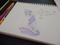 Size: 1280x960 | Tagged: safe, artist:dougtheloremaster, derpibooru import, twilight sparkle, twilight sparkle (alicorn), alicorn, pony, don't stop believing, ears, floppy ears, journey, music notes, pencil, pencil drawing, photo, sad, singing, sketchpad, solo, song reference, traditional art