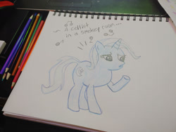 Size: 1280x960 | Tagged: safe, artist:dougtheloremaster, derpibooru import, trixie, pony, unicorn, don't stop believing, journey, pencil, pencil drawing, photo, raised hoof, raised leg, singing, sketchpad, song reference, traditional art