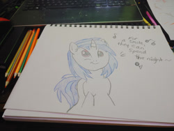Size: 1280x960 | Tagged: safe, artist:dougtheloremaster, derpibooru import, dj pon-3, vinyl scratch, pony, unicorn, don't stop believing, journey, pencil, pencil drawing, photo, singing, sketchpad, smiling, song reference, traditional art