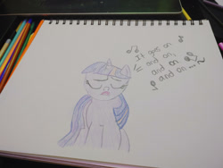 Size: 1280x960 | Tagged: safe, artist:dougtheloremaster, derpibooru import, twilight sparkle, pony, don't stop believing, eyes closed, journey, open mouth, pencil, pencil drawing, photo, singing, sketchpad, song reference, traditional art