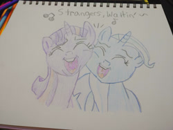 Size: 1280x960 | Tagged: safe, artist:dougtheloremaster, derpibooru import, trixie, twilight sparkle, pony, unicorn, cheek to cheek, don't stop believing, eyes closed, female, journey, lesbian, open mouth, pencil, pencil drawing, photo, shipping, singing, sketchpad, song reference, traditional art, twixie, uvula