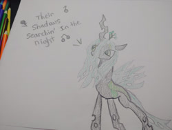 Size: 1280x960 | Tagged: safe, artist:dougtheloremaster, derpibooru import, queen chrysalis, changeling, changeling queen, don't stop believing, female, journey, pencil, pencil drawing, photo, singing, sketchpad, song reference, traditional art