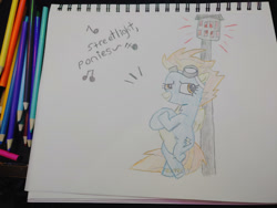 Size: 1280x960 | Tagged: safe, artist:dougtheloremaster, derpibooru import, spitfire, pegasus, pony, bipedal, clothes, crossed arms, don't stop believing, journey, lamppost, pencil, pencil drawing, photo, singing, sketchpad, song reference, traditional art, uniform, wonderbolts uniform