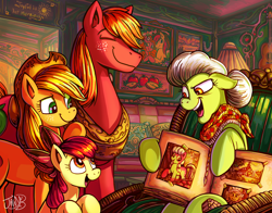 Size: 3732x2920 | Tagged: safe, artist:jowyb, derpibooru import, apple bloom, applejack, big macintosh, bright mac, granny smith, pear butter, earth pony, pony, acoustic guitar, apple, apple bloom's bow, apple family, bonnet, bow, chair, female, filly, food, guitar, hair bow, male, mare, musical instrument, photo, pigtails, scrapbook, stallion, yoke, young granny smith, younger
