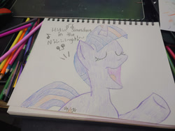 Size: 1280x960 | Tagged: safe, artist:dougtheloremaster, derpibooru import, twilight sparkle, pony, unicorn, don't stop believing, eyes closed, journey, open mouth, pencil, pencil drawing, photo, raised hoof, raised leg, singing, sketchpad, solo, song reference, traditional art