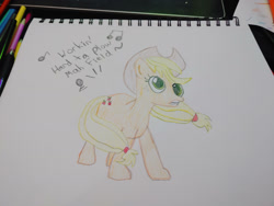 Size: 1280x960 | Tagged: safe, artist:dougtheloremaster, derpibooru import, applejack, earth pony, pony, applejack's hat, clothes, cowboy hat, don't stop believing, eye, hat, journey, pencil, pencil drawing, photo, singing, sketchpad, song reference, traditional art