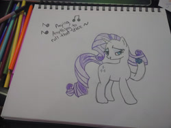 Size: 1280x960 | Tagged: safe, artist:dougtheloremaster, derpibooru import, rarity, pony, unicorn, don't stop believing, journey, pencil, pencil drawing, photo, singing, sketchpad, song reference, traditional art