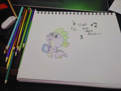 Size: 1280x960 | Tagged: safe, artist:dougtheloremaster, derpibooru import, spike, dragon, don't stop believing, gem, journey, pencil, pencil drawing, photo, singing, sketchpad, song reference, traditional art