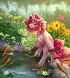 Size: 1900x2100 | Tagged: safe, artist:shady-bush, derpibooru import, oc, oc only, pony, unicorn, chest fluff, eyes closed, female, floral head wreath, flower, mare, outdoors, reed, sitting, smiling, solo, sunflower