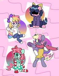 Size: 2931x3801 | Tagged: safe, artist:spritecranbirdie, derpibooru import, minty, starsong, toola roola, earth pony, pegasus, pony, bipedal, bow, clothes, covered eyes, cutie mark, dress, female, group, hoodie, pants, skirt, socks, starry eyes, stockings, striped socks, sweater, thigh highs, tongue, tongue out, turtleneck, wingding eyes
