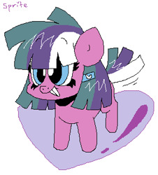 Size: 322x356 | Tagged: safe, artist:spritecranbirdie, derpibooru import, toola roola, earth pony, pony, alternate color palette, beta toola roola, blue eyes, female, hairclip, heart, simple background, smiling