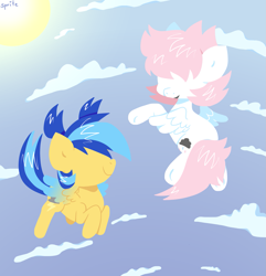 Size: 1667x1732 | Tagged: safe, artist:spritecranbirdie, derpibooru import, oc, oc only, oc:cotton, oc:volt, pegasus, pony, cloud, colored wings, cutie mark, duo, female, filly, flying, gradient wings, sky, sun, two toned mane, two toned tail, wings