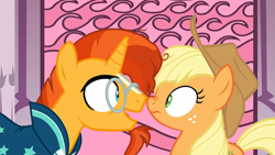 Size: 1366x768 | Tagged: safe, derpibooru import, screencap, applejack, sunburst, earth pony, pony, unicorn, shadow play, blaze (coat marking), boop, cloak, clothes, coat markings, excited, female, glasses, male, mare, nose wrinkle, noseboop, robe, stallion, sunburst's cloak, sunburst's glasses