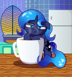 Size: 1172x1250 | Tagged: safe, artist:spellboundcanvas, derpibooru import, princess luna, alicorn, pony, bags under eyes, coffee, coffee mug, ears, eyes closed, female, floppy ears, mare, micro, morning, mug, nebula, royalty, sleepy, solo, stars, steam, table, tired, window